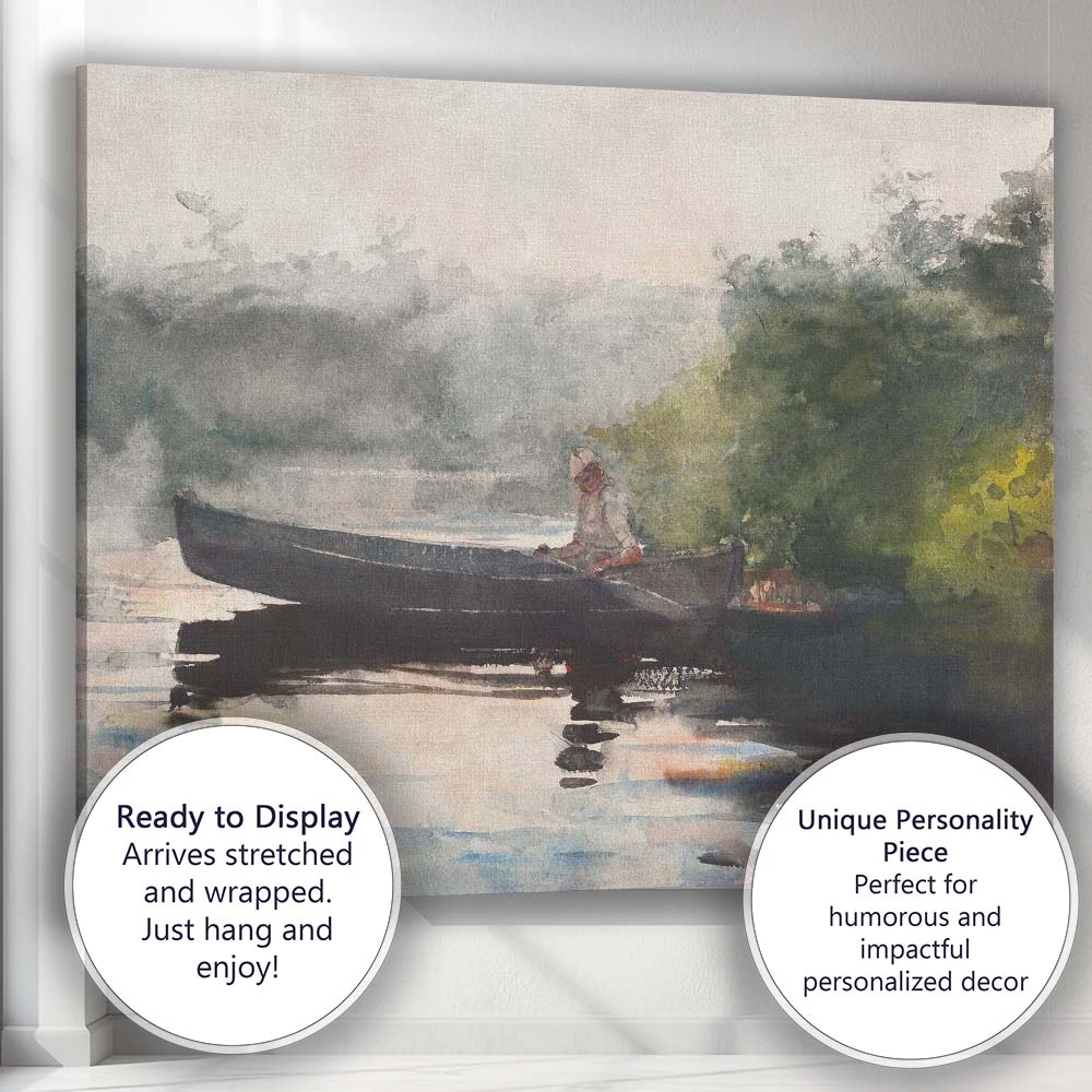 Misty Lake Canoe Fisherman Watercolour Landscape Artwork Canvas Wall Art Print Decor Picture Ready to Hang