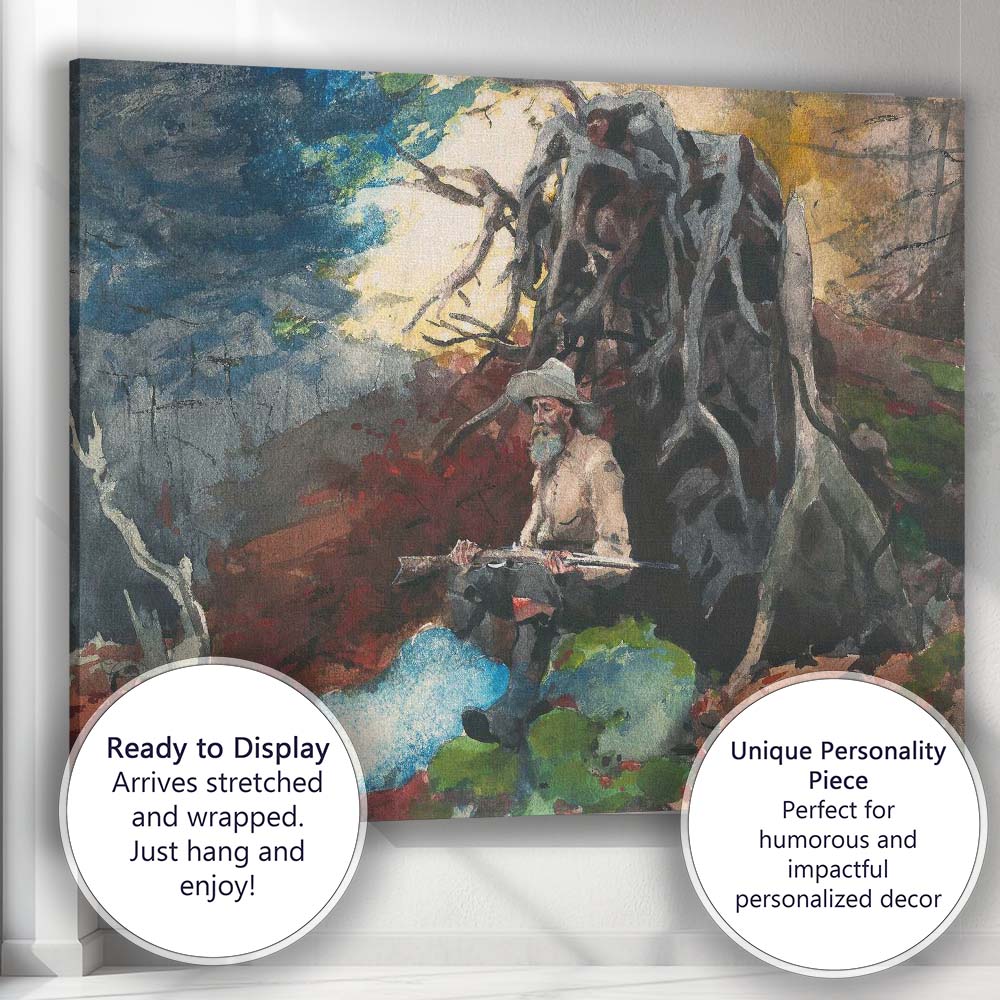Rustic Woodland Hunter Beneath Ancient Tree Watercolour Painting Canvas Wall Art Print Decor Picture Ready to Hang