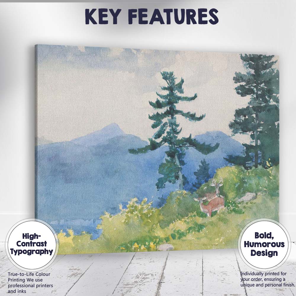 Peaceful Mountain Deer Forest Watercolour Nature Landscape Canvas Wall Art Print Decor Picture Ready to Hang