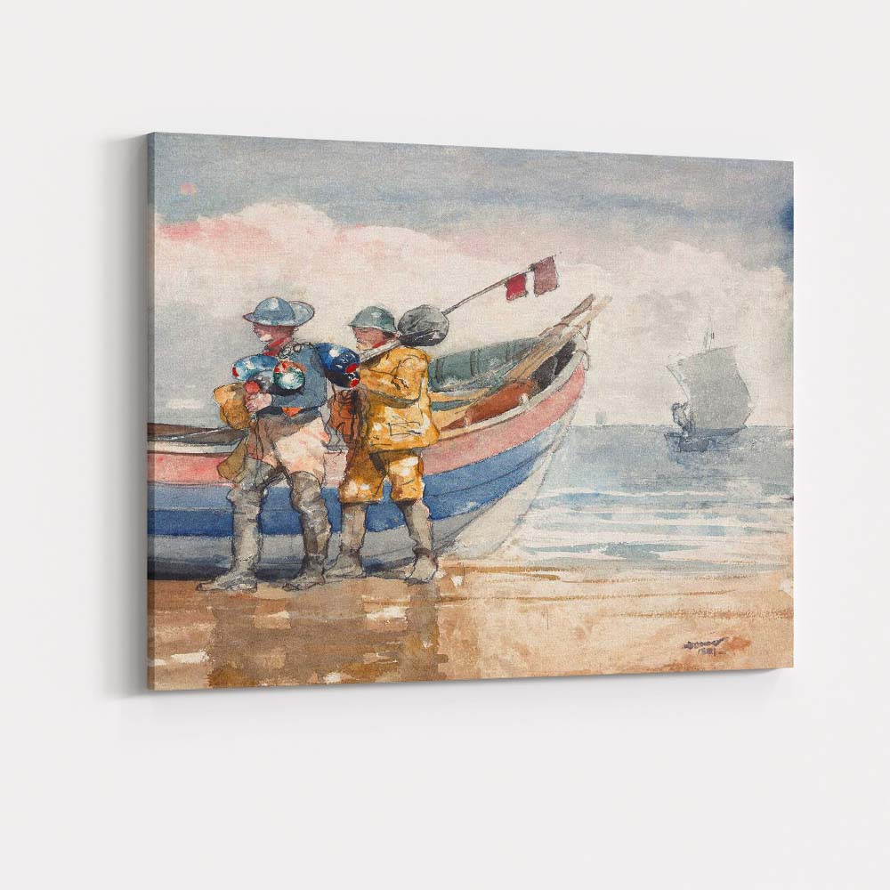 Coastal Fishermen Beside Fishing Boat Beach Watercolour Artwork Canvas Wall Art Print Decor Picture Ready to Hang