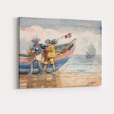 Coastal Fishermen Beside Fishing Boat Beach Watercolour Artwork Canvas Wall Art Print Decor Picture Ready to Hang