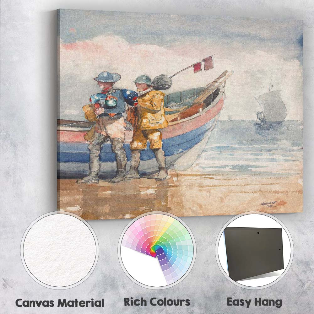 Coastal Fishermen Beside Fishing Boat Beach Watercolour Artwork Canvas Wall Art Print Decor Picture Ready to Hang