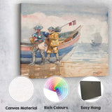 Coastal Fishermen Beside Fishing Boat Beach Watercolour Artwork Canvas Wall Art Print Decor Picture Ready to Hang