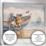 Coastal Fishermen Beside Fishing Boat Beach Watercolour Artwork Canvas Wall Art Print Decor Picture Ready to Hang