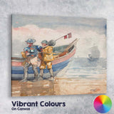 Coastal Fishermen Beside Fishing Boat Beach Watercolour Artwork Canvas Wall Art Print Decor Picture Ready to Hang