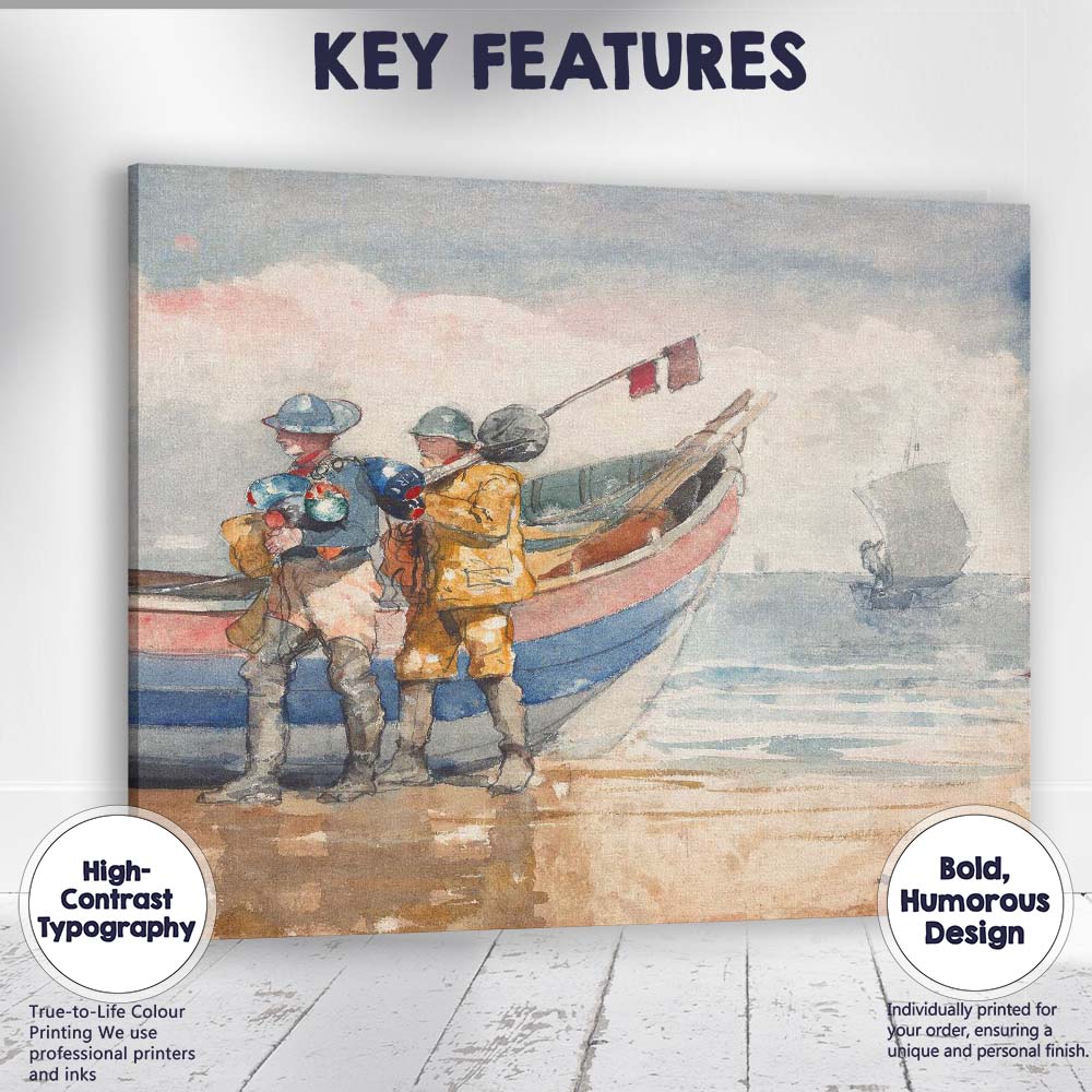 Coastal Fishermen Beside Fishing Boat Beach Watercolour Artwork Canvas Wall Art Print Decor Picture Ready to Hang