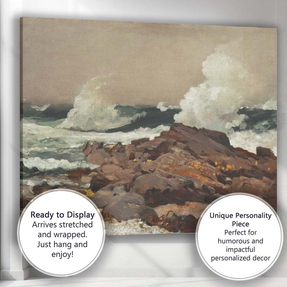 Dramatic Ocean Waves Rocky Shore Coastal Oil Painting Canvas Wall Art Print Decor Picture Ready to Hang