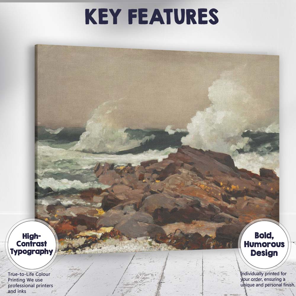 Dramatic Ocean Waves Rocky Shore Coastal Oil Painting Canvas Wall Art Print Decor Picture Ready to Hang