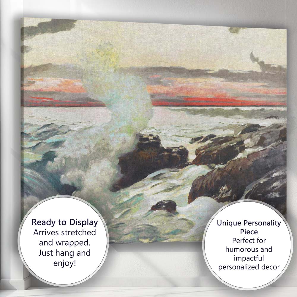 Crashing Surf on Rugged Rocks Sunset Seascape Canvas Wall Art Print Decor Picture Ready to Hang