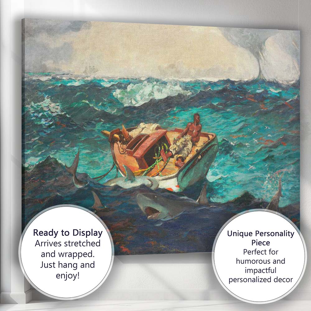Dramatic Ocean Survival Boat and Sharks Maritime Seascape Oil Painting Canvas Wall Art Print Decor Picture Ready to Hang