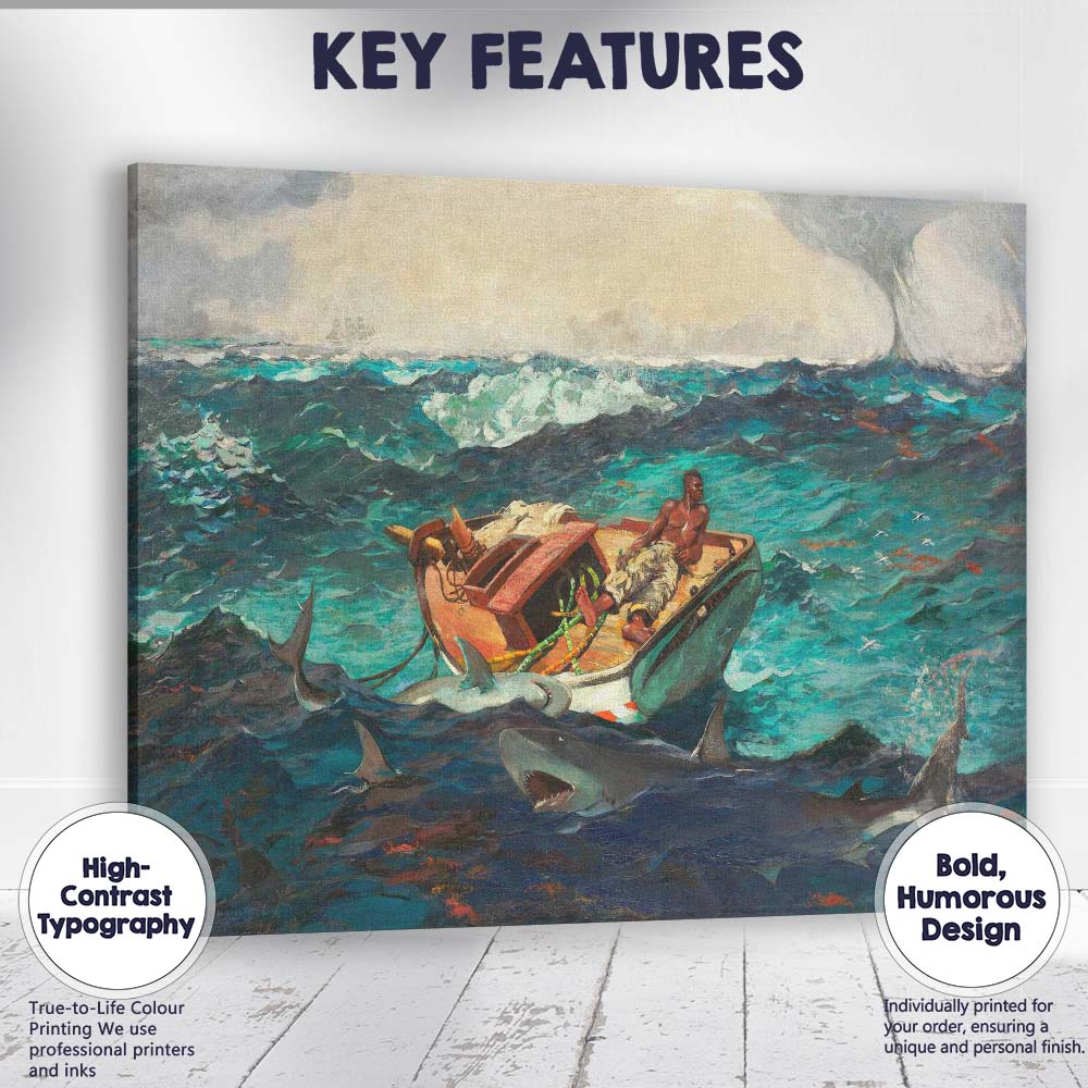 Dramatic Ocean Survival Boat and Sharks Maritime Seascape Oil Painting Canvas Wall Art Print Decor Picture Ready to Hang
