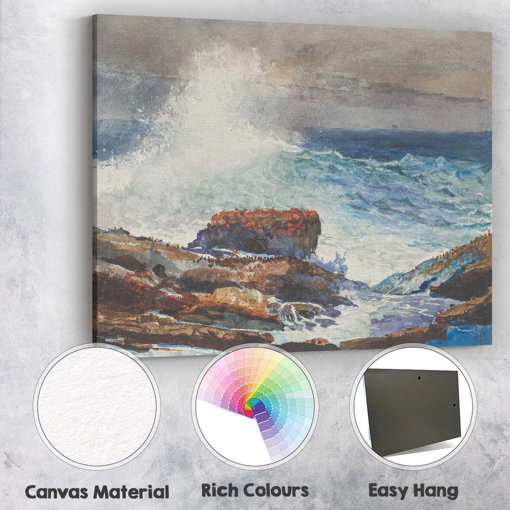 Crashing Coastal Waves on Rocky Shore Watercolour Seascape Canvas Wall Art Print Decor Picture Ready to Hang
