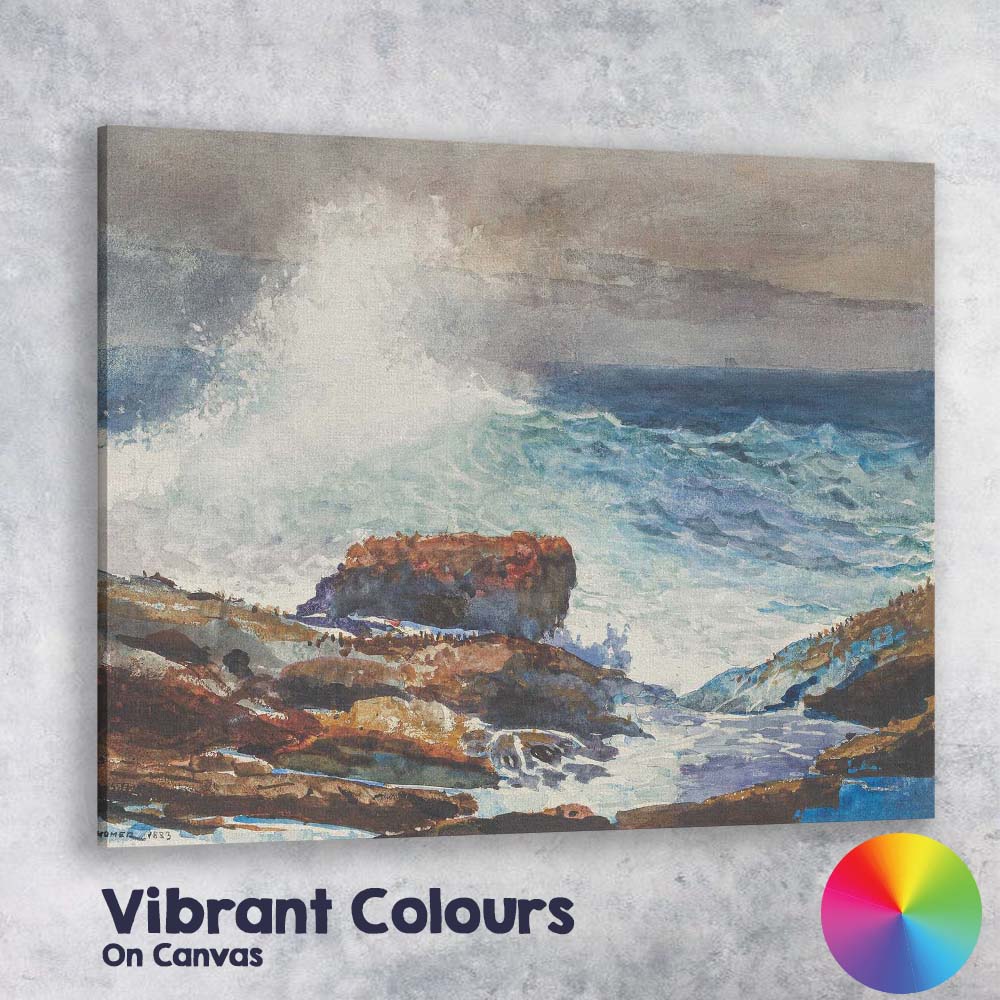 Crashing Coastal Waves on Rocky Shore Watercolour Seascape Canvas Wall Art Print Decor Picture Ready to Hang