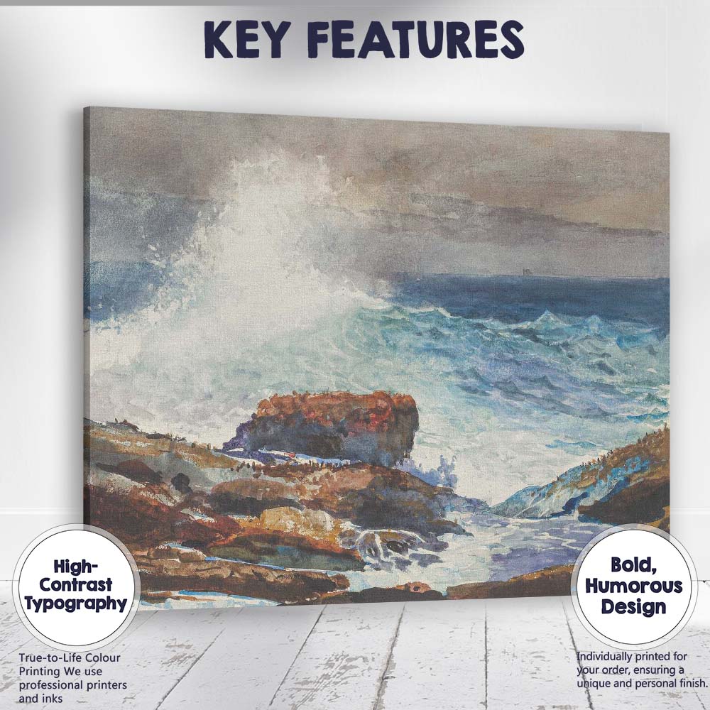 Crashing Coastal Waves on Rocky Shore Watercolour Seascape Canvas Wall Art Print Decor Picture Ready to Hang