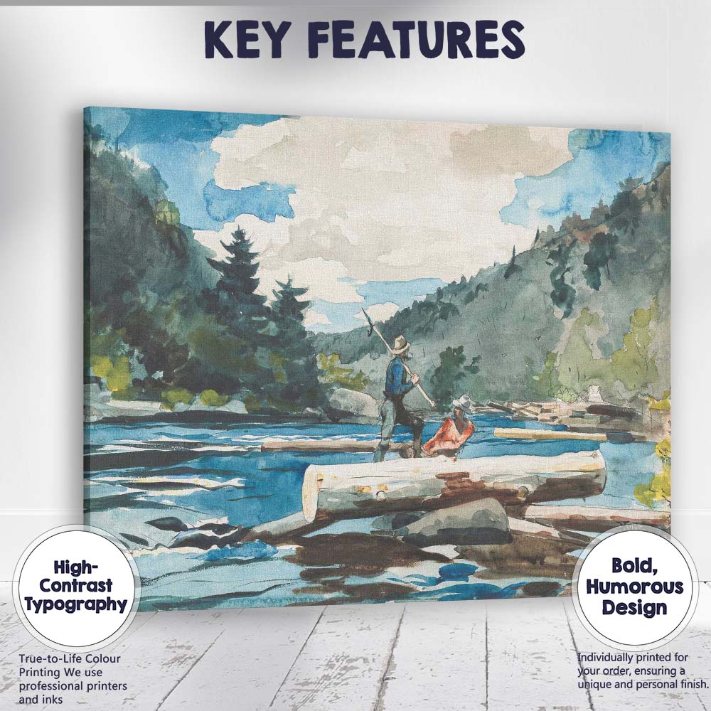 Riverside Logger Crossing Woodland Water Landscape Watercolour Canvas Wall Art Print Decor Picture Ready to Hang