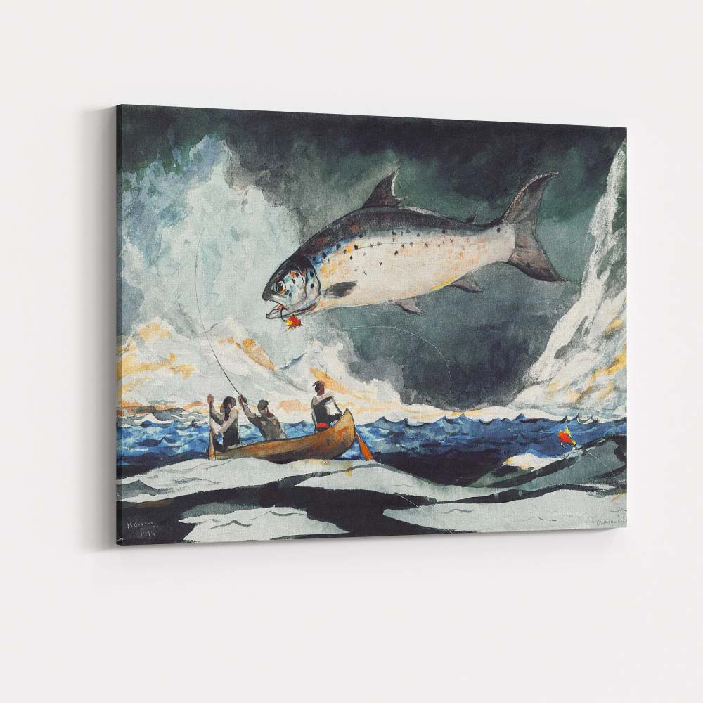 Atlantic Salmon Fishing Canoe Scene Wildlife Watercolour Artwork Canvas Wall Art Print Decor Picture Ready to Hang