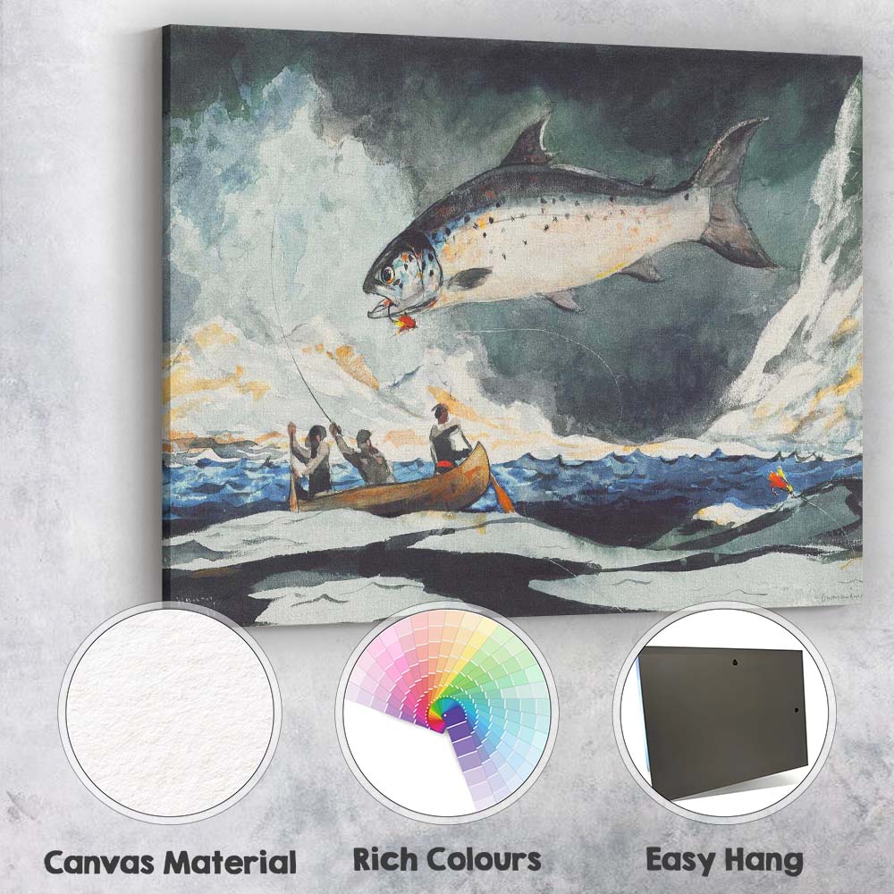 Atlantic Salmon Fishing Canoe Scene Wildlife Watercolour Artwork Canvas Wall Art Print Decor Picture Ready to Hang