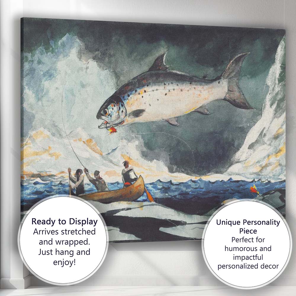 Atlantic Salmon Fishing Canoe Scene Wildlife Watercolour Artwork Canvas Wall Art Print Decor Picture Ready to Hang