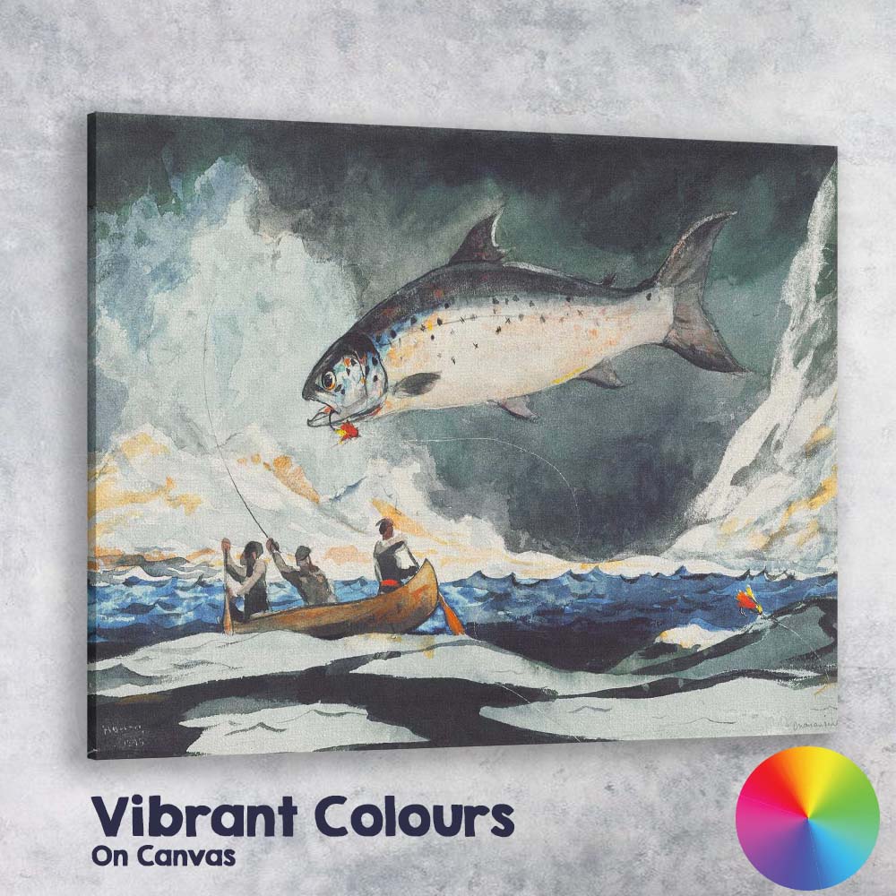 Atlantic Salmon Fishing Canoe Scene Wildlife Watercolour Artwork Canvas Wall Art Print Decor Picture Ready to Hang