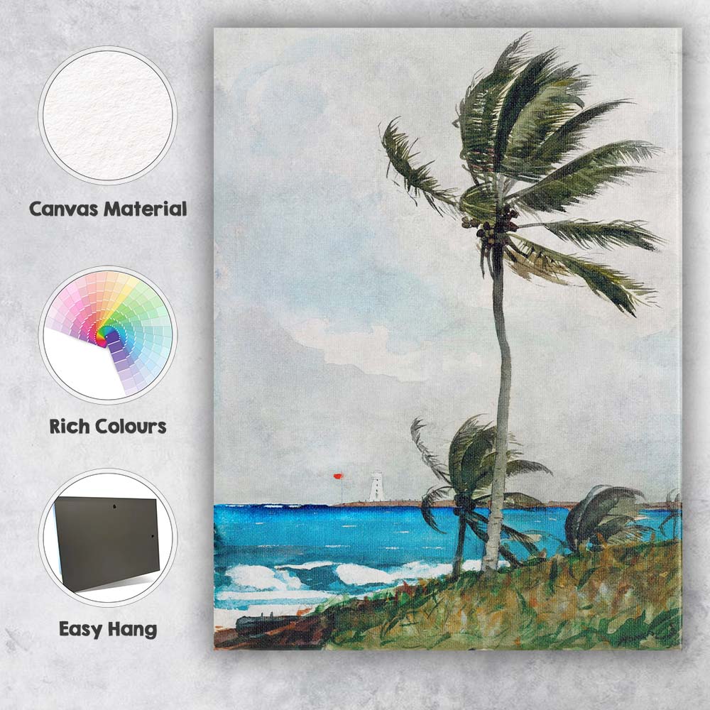 Wind Swept Palm Tree Tropical Coast Watercolour Canvas Wall Art Print Decor Picture Ready to Hang