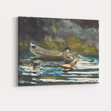 Riverside Canoe And Young Angler Woodland Watercolour Scene Canvas Wall Art Print Decor Picture Ready to Hang