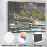 Riverside Canoe And Young Angler Woodland Watercolour Scene Canvas Wall Art Print Decor Picture Ready to Hang
