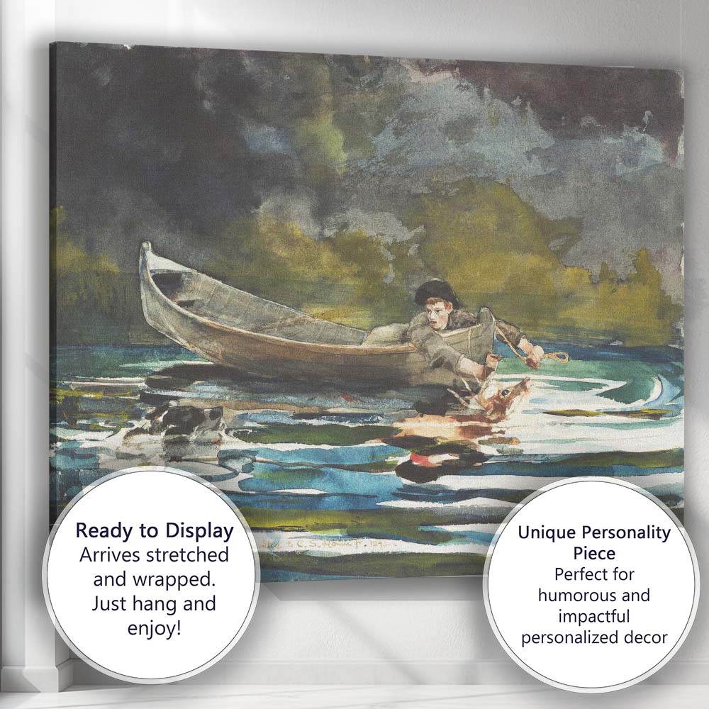 Riverside Canoe And Young Angler Woodland Watercolour Scene Canvas Wall Art Print Decor Picture Ready to Hang