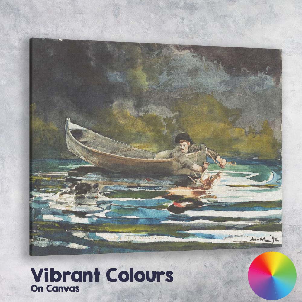 Riverside Canoe And Young Angler Woodland Watercolour Scene Canvas Wall Art Print Decor Picture Ready to Hang