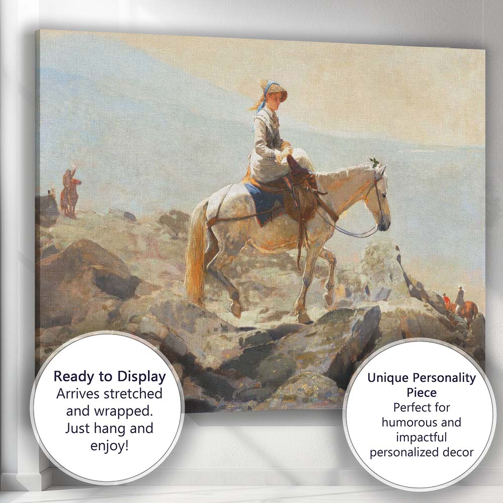 Lady Riding White Horse Along Rocky Coastal Shore Painting Canvas Wall Art Print Decor Picture Ready to Hang