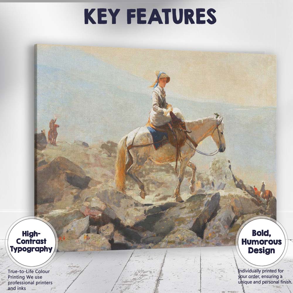 Lady Riding White Horse Along Rocky Coastal Shore Painting Canvas Wall Art Print Decor Picture Ready to Hang