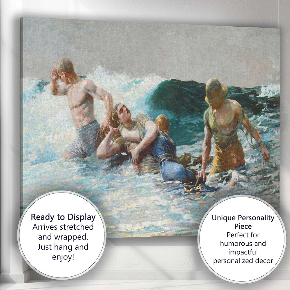 Dramatic Sea Rescue In Breaking Waves Coastal Figure Painting Canvas Wall Art Print Decor Picture Ready to Hang