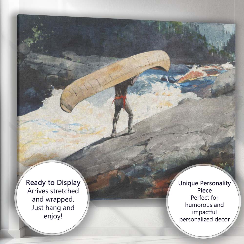 Canoe Traveller Crossing Rapids Wilderness Watercolour Adventure Scene Canvas Wall Art Print Decor Picture Ready to Hang