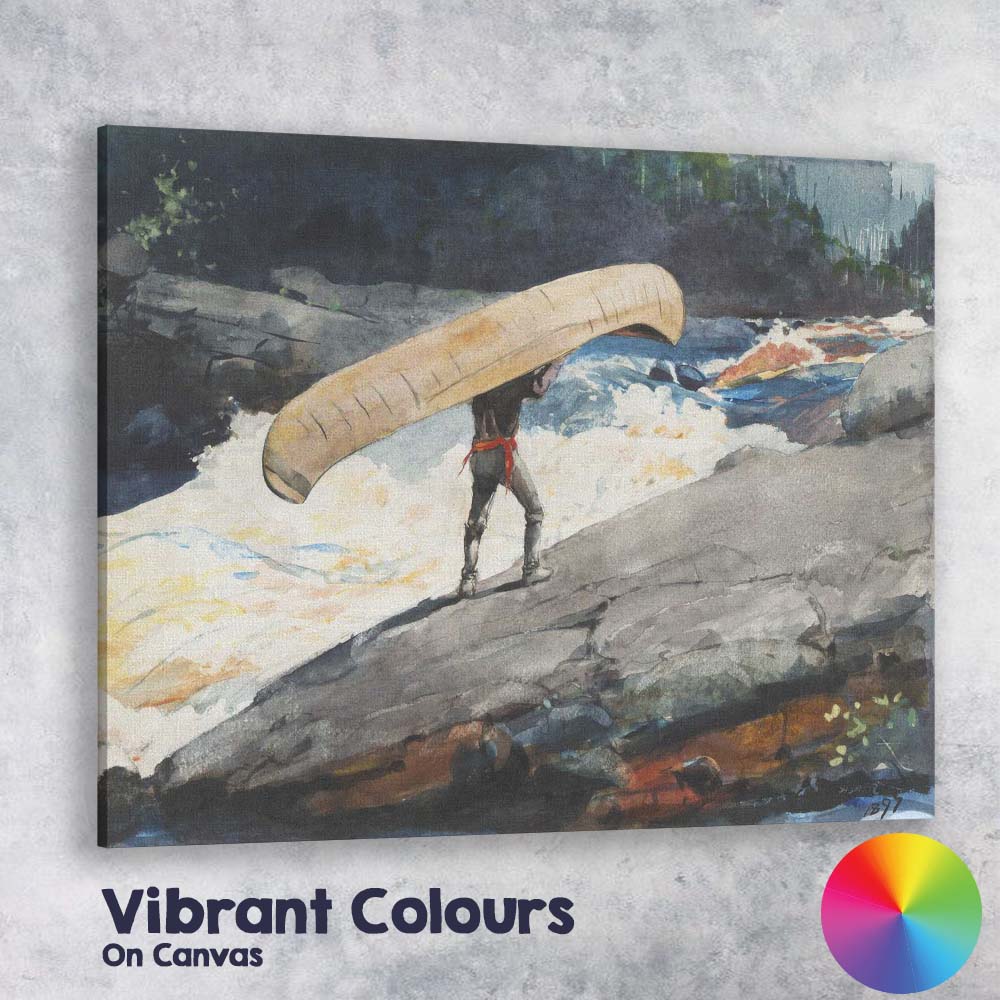 Canoe Traveller Crossing Rapids Wilderness Watercolour Adventure Scene Canvas Wall Art Print Decor Picture Ready to Hang
