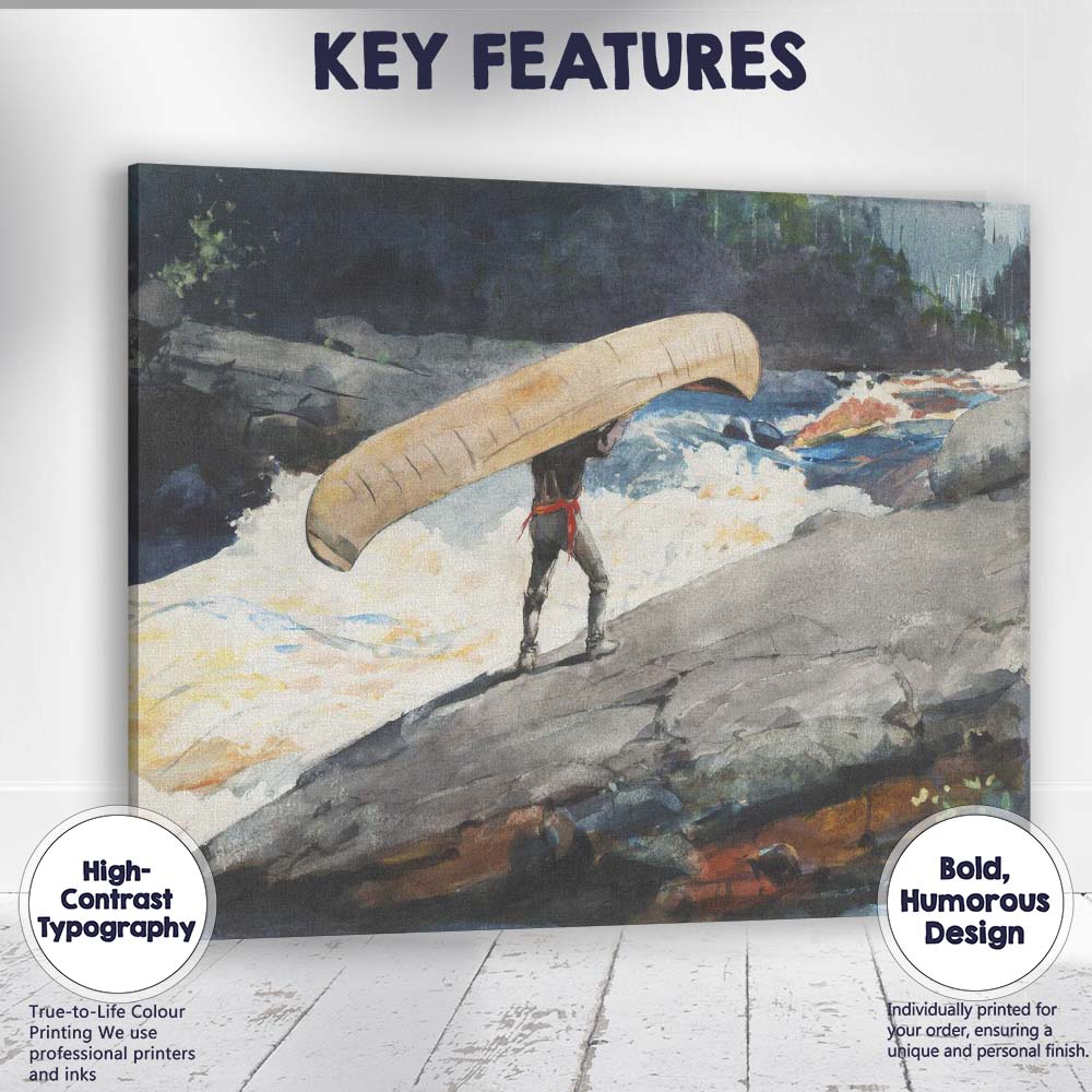 Canoe Traveller Crossing Rapids Wilderness Watercolour Adventure Scene Canvas Wall Art Print Decor Picture Ready to Hang