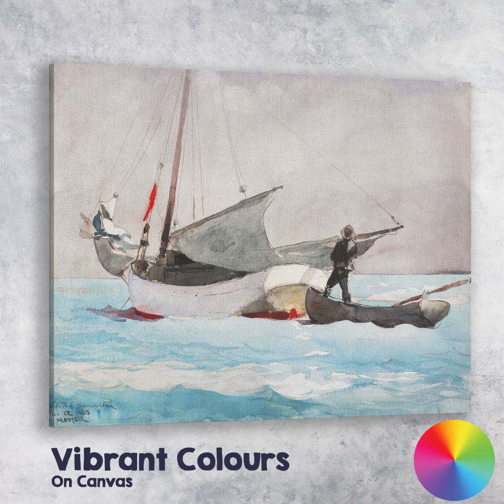 Fishing Boat And Dinghy On Calm Turquoise Sea Watercolour Canvas Wall Art Print Decor Picture Ready to Hang