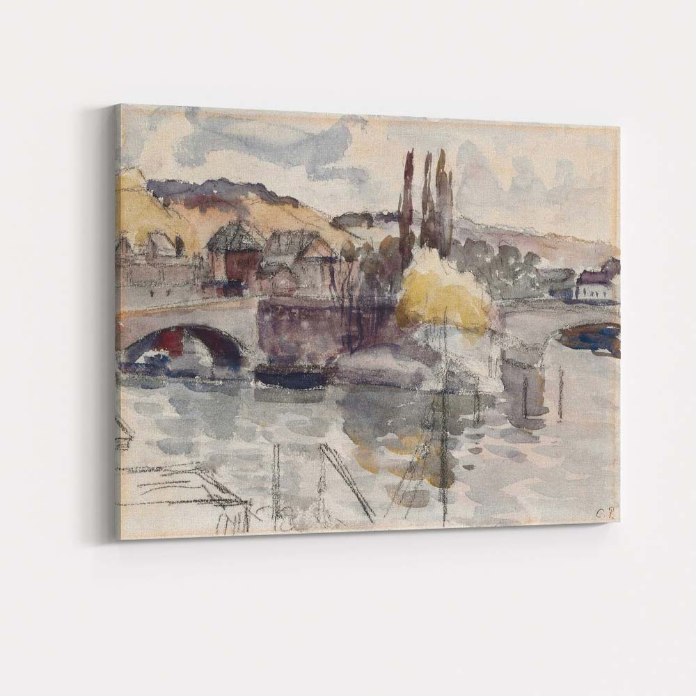 Muted Watercolour Riverside Bridge Village Landscape Canvas Wall Art Print Decor Picture Ready to Hang