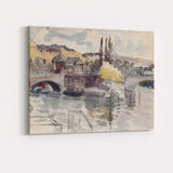 Muted Watercolour Riverside Bridge Village Landscape Canvas Wall Art Print Decor Picture Ready to Hang