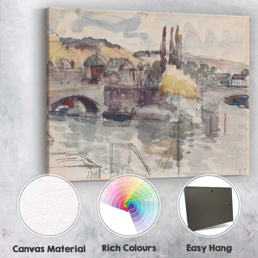 Muted Watercolour Riverside Bridge Village Landscape Canvas Wall Art Print Decor Picture Ready to Hang