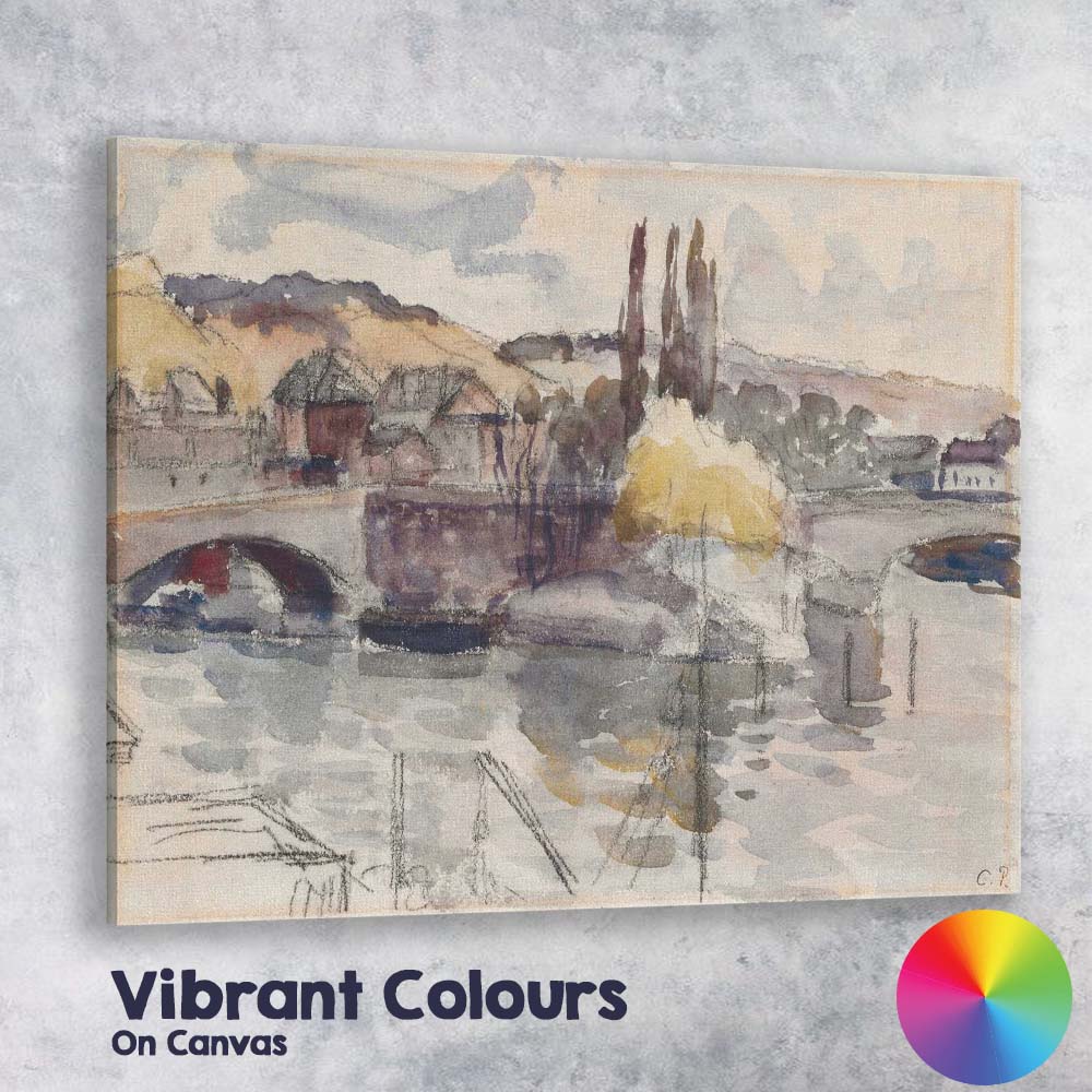 Muted Watercolour Riverside Bridge Village Landscape Canvas Wall Art Print Decor Picture Ready to Hang