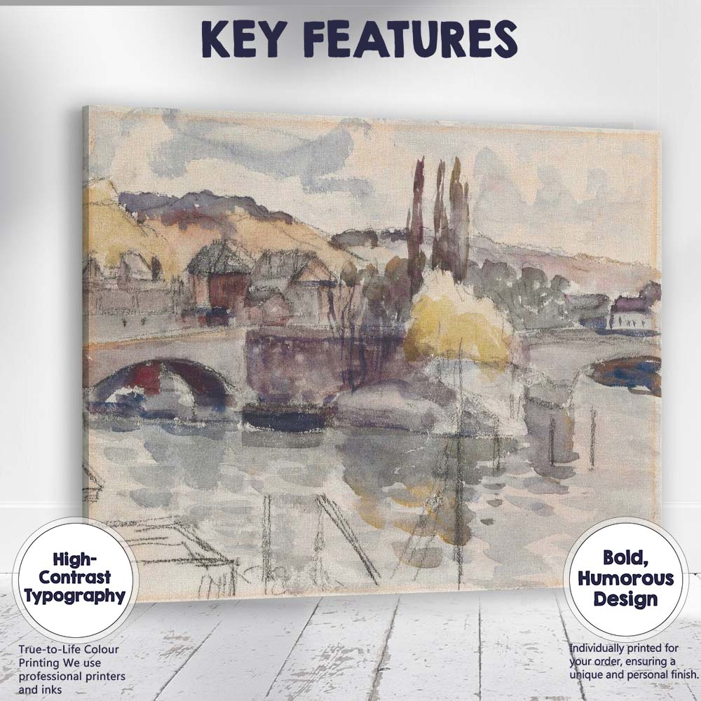 Muted Watercolour Riverside Bridge Village Landscape Canvas Wall Art Print Decor Picture Ready to Hang