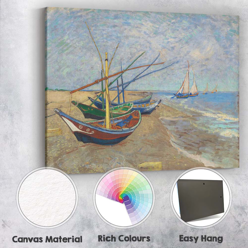 Colourful Fishing Boats Sandy Beach Seaside Painting Canvas Wall Art Print Decor Picture Ready to Hang