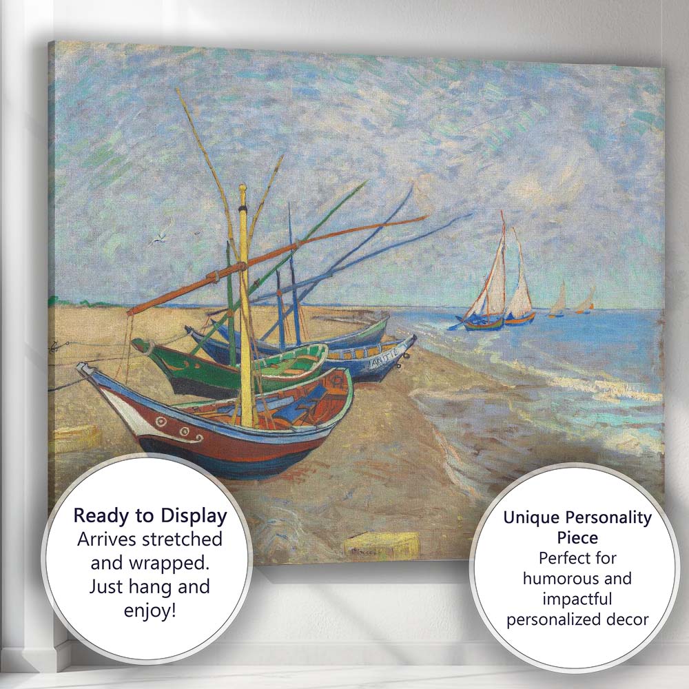 Colourful Fishing Boats Sandy Beach Seaside Painting Canvas Wall Art Print Decor Picture Ready to Hang