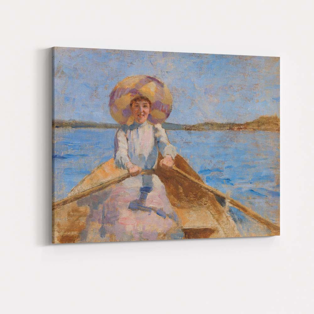 Pastel Sun Hat Lady Rowing Boat Coastal Impressionist Scene Canvas Wall Art Print Decor Picture Ready to Hang