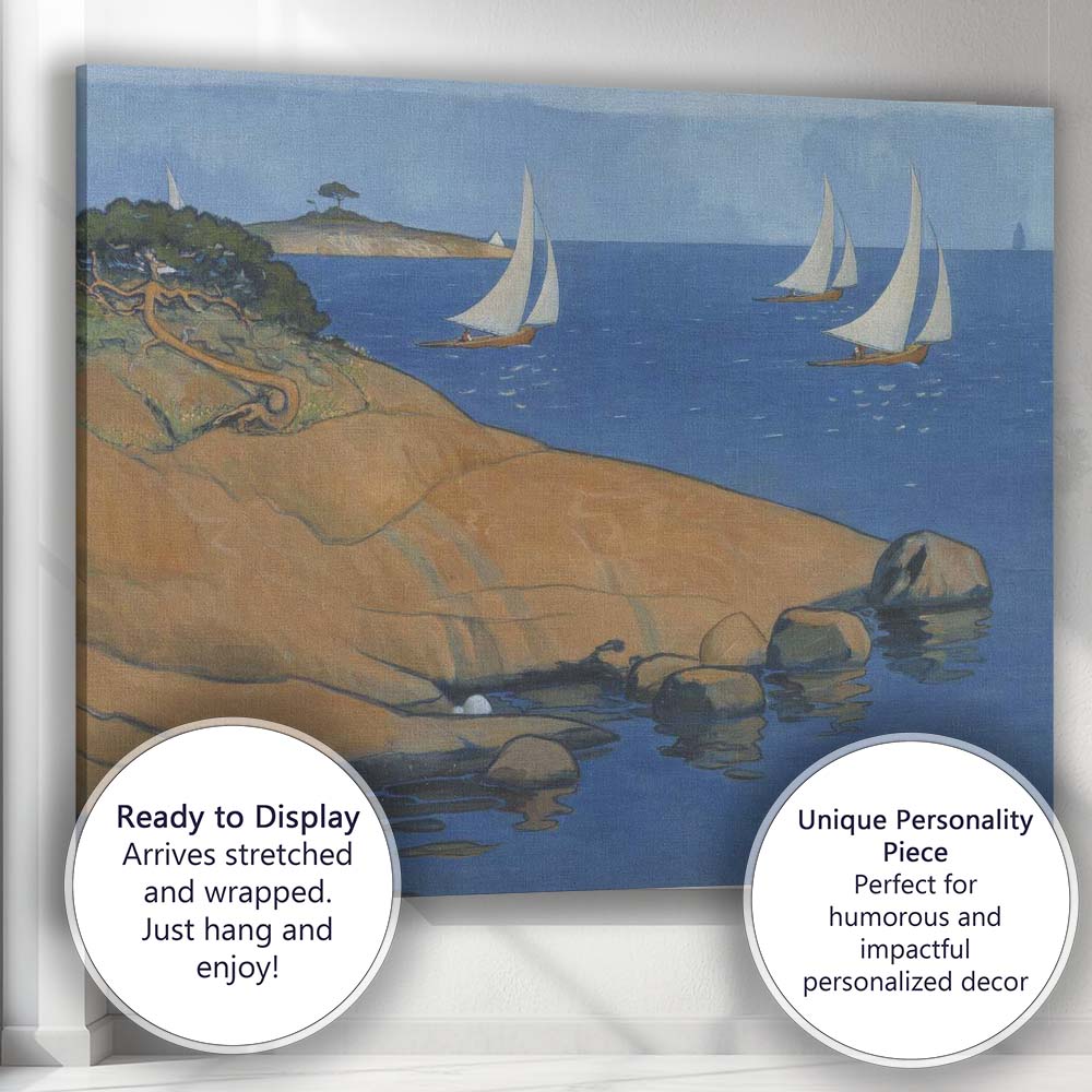 Blue Coastal Sailing Boats Rocky Shore Scandinavian Landscape Canvas Wall Art Print Decor Picture Ready to Hang