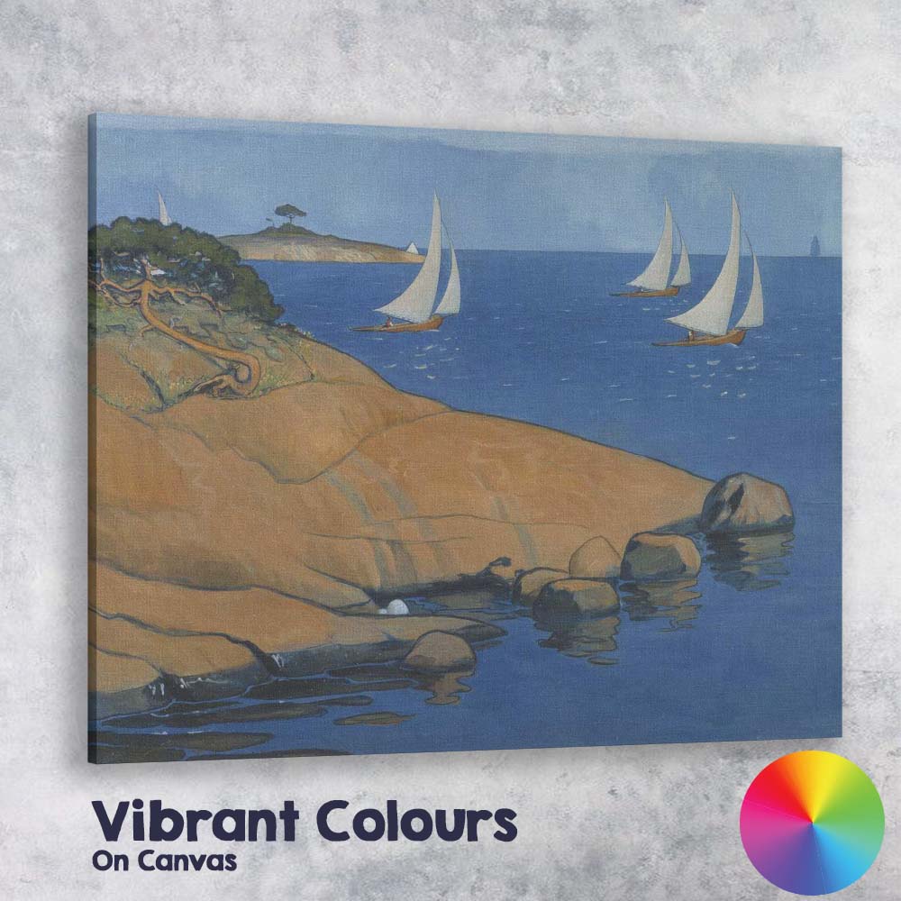 Blue Coastal Sailing Boats Rocky Shore Scandinavian Landscape Canvas Wall Art Print Decor Picture Ready to Hang