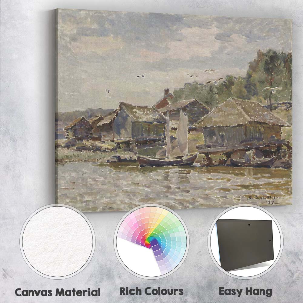 Riverside Fishing Village Waterside Boats Impressionist Coastal Scene Canvas Wall Art Print Decor Picture Ready to Hang