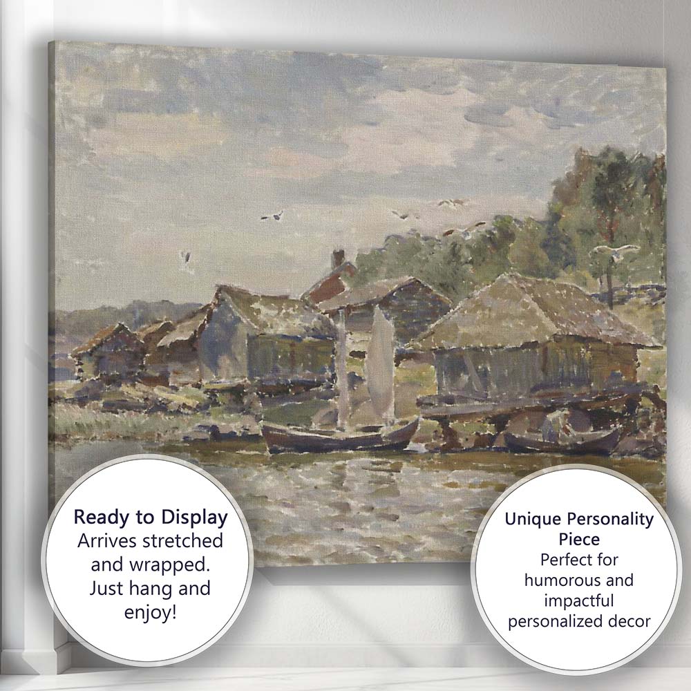 Riverside Fishing Village Waterside Boats Impressionist Coastal Scene Canvas Wall Art Print Decor Picture Ready to Hang