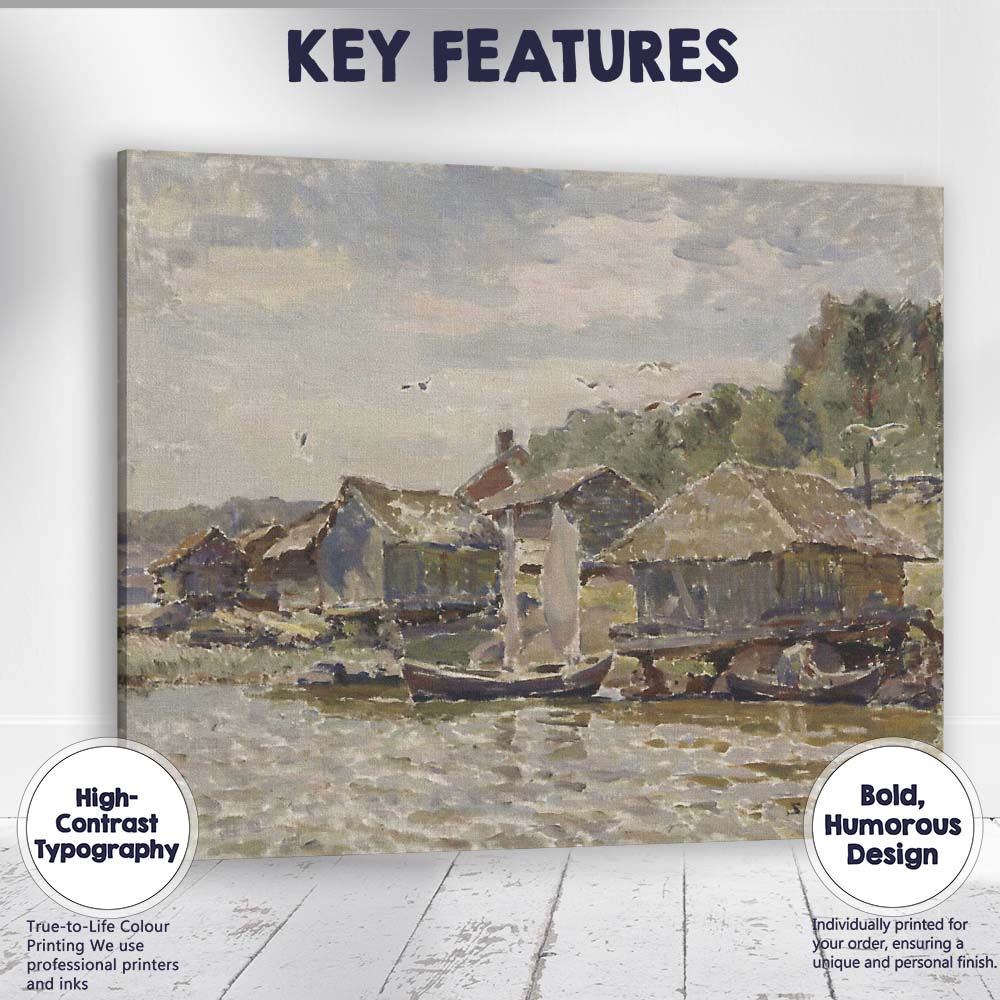 Riverside Fishing Village Waterside Boats Impressionist Coastal Scene Canvas Wall Art Print Decor Picture Ready to Hang