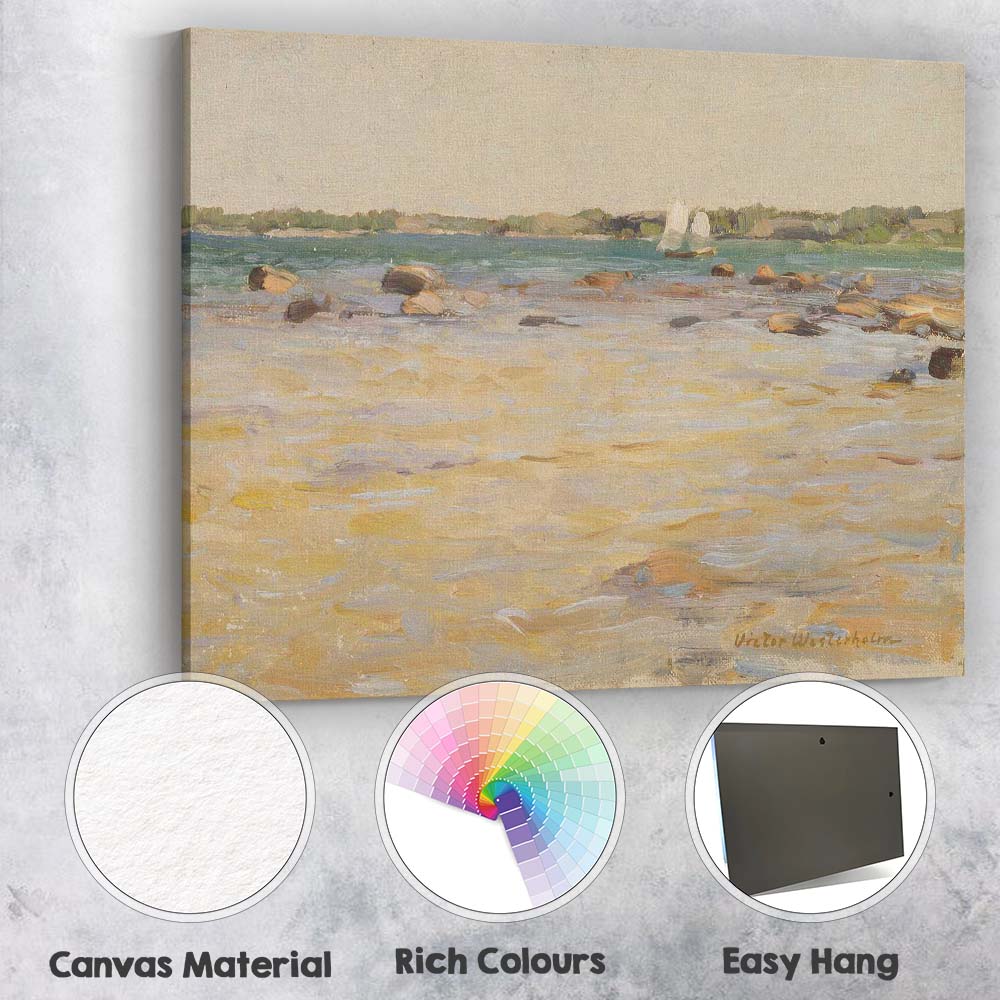 Sunny Seashore Coastal Waterscape With Distant Sailing Boats Canvas Wall Art Print Decor Picture Ready to Hang