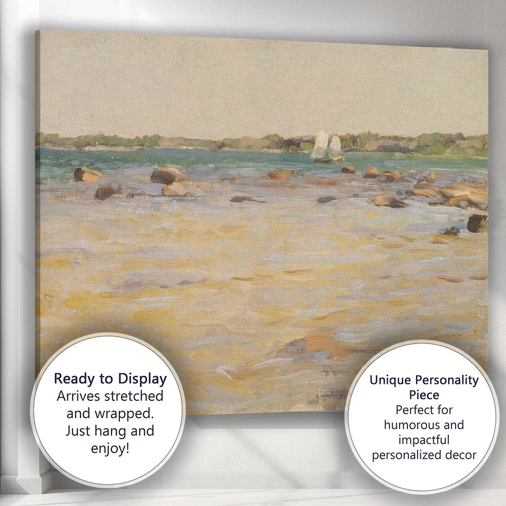 Sunny Seashore Coastal Waterscape With Distant Sailing Boats Canvas Wall Art Print Decor Picture Ready to Hang